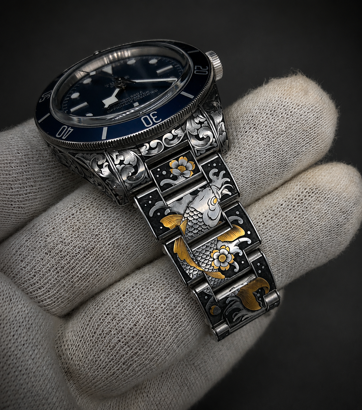 Two-tone Tudor Koi hand-engraved watch